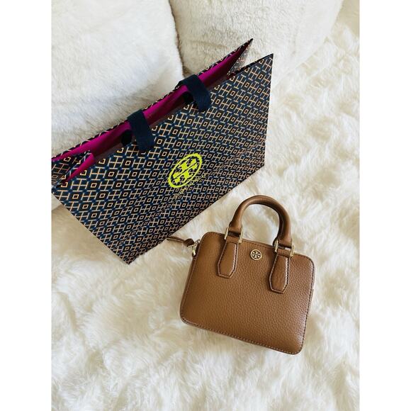 NWT Tory burch Mini Landon Boxy Satchel Crossbody Handbag Brown Leather Bark - Picture 2 of 10